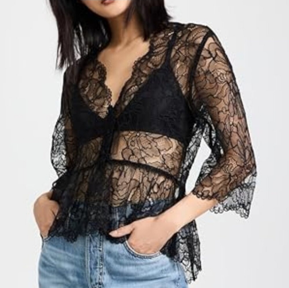GANNI Light Floral Lace V-neck Sheer Peplum Top Black Blouse Ruffle 36 (US 4 S) - Picture 2 of 16